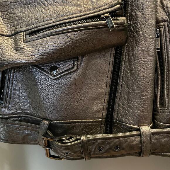 Michael Kors Metallic Silver Leather Jacket | Womens M, Moto Style EUC MSRP $595 - Picture 12 of 12